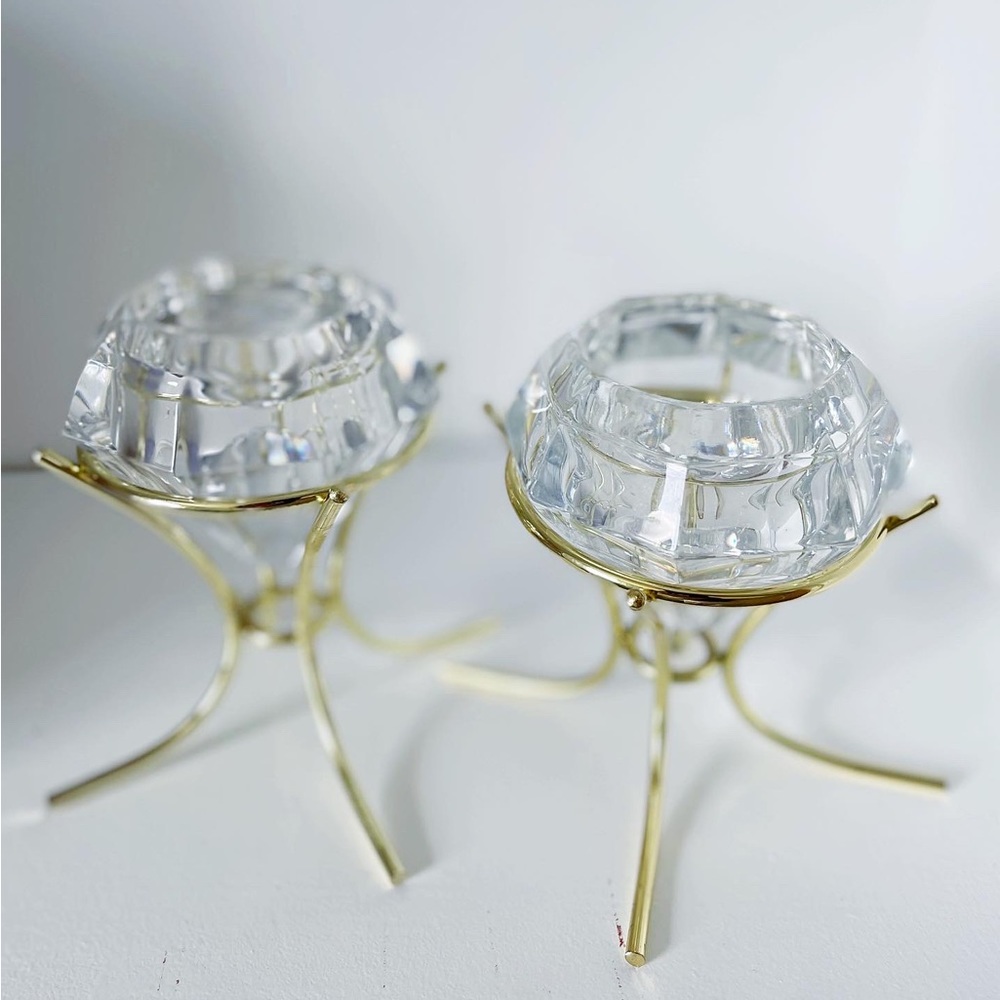 Two glass diamond tealight holders with brass base